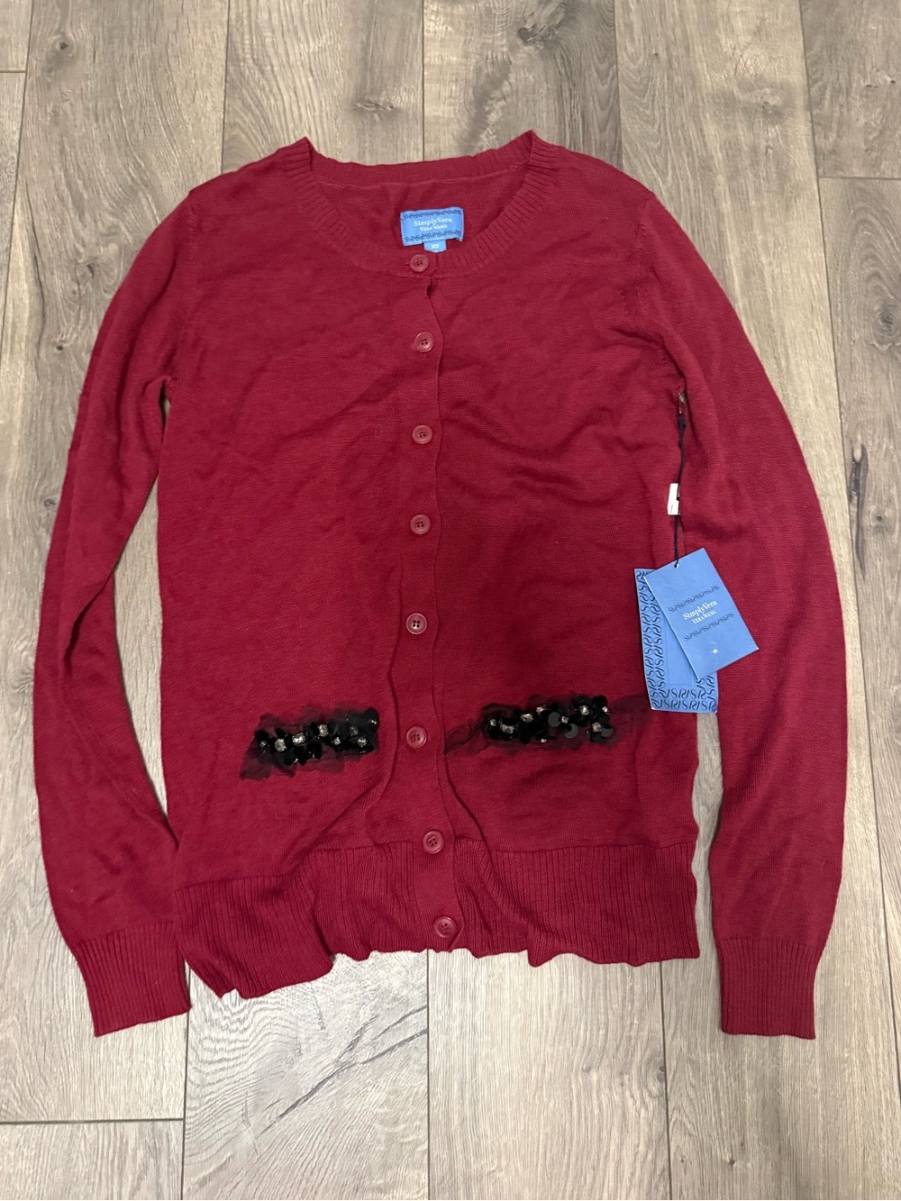Simply Vera Vera Wang Burgundy Button Cardigan with Beaded Pockets